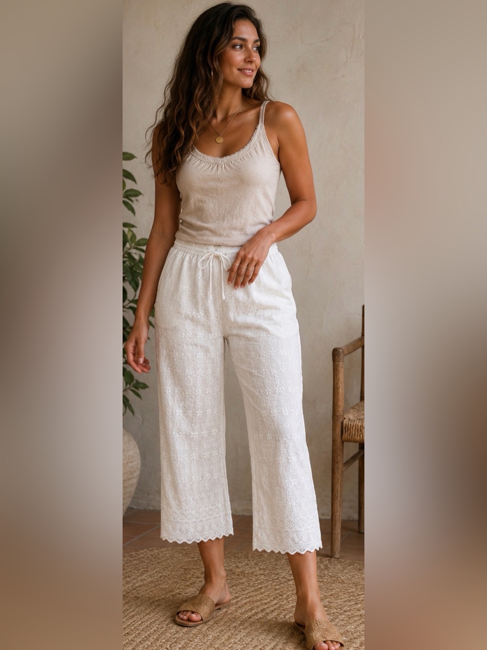 Women's White Embroidered Cotton Capris